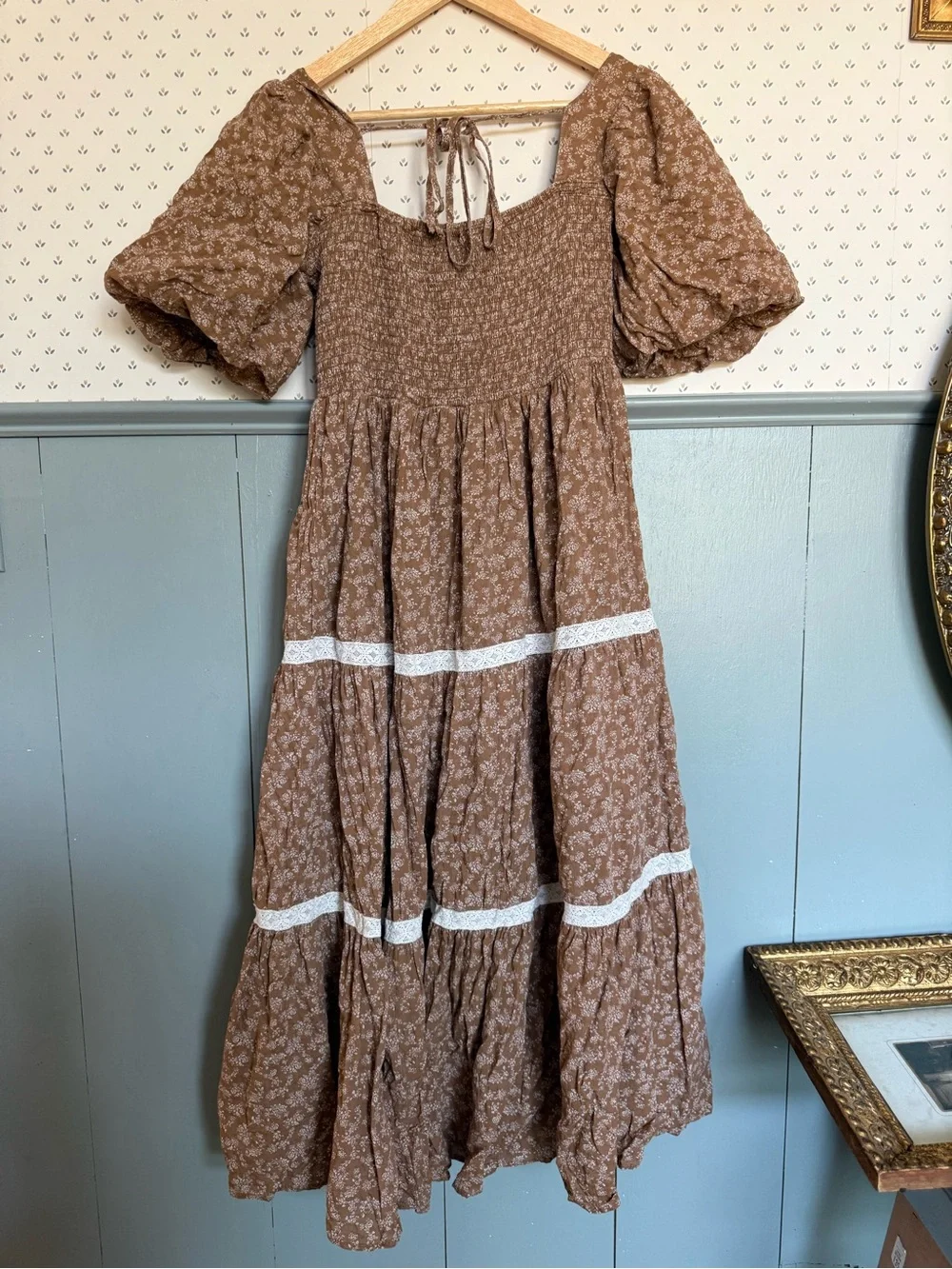 Brown Floral BÖHME Smocked Dress with Puff Sleeves